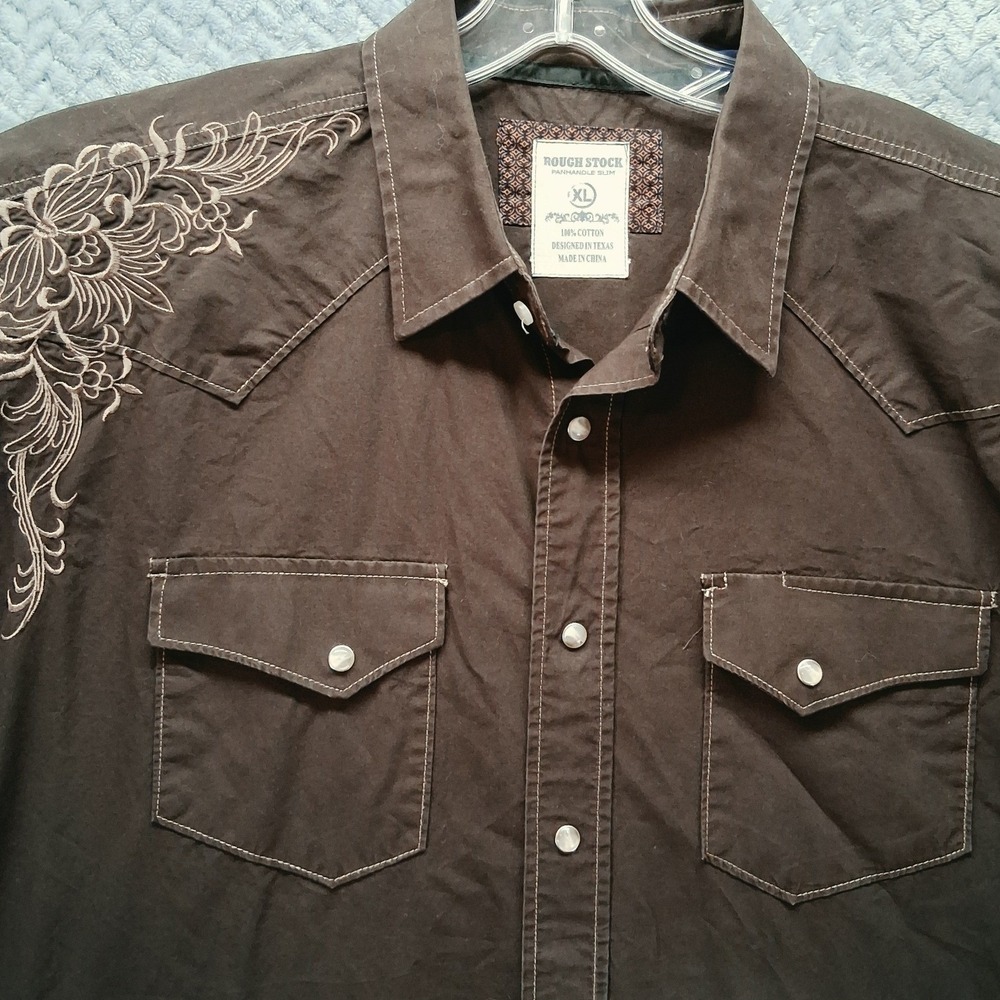 Rough Stock Panhandle Slim Mens XL Brown Embroidered Western Pearl Snap Shirt